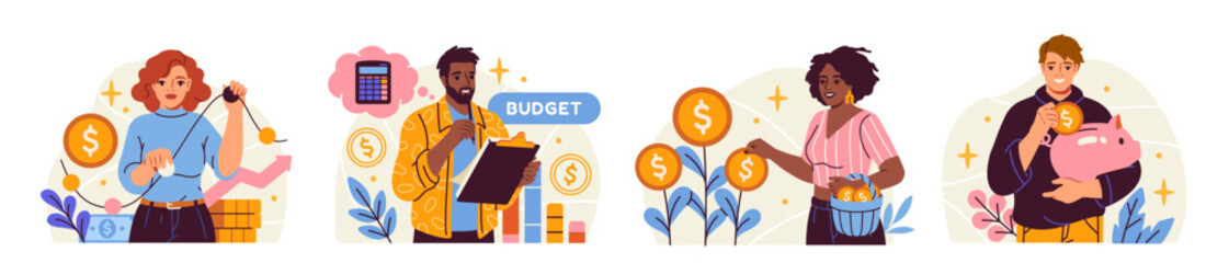 Financial literacy illustration set. People manage personal finance or budget, investing and saving money. Revenue growth and expense analysis. Cartoon flat vector collection isolated on background