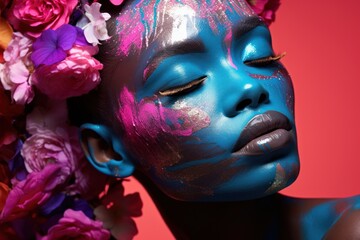  a woman with blue and pink paint on her face and body and flowers on her head, with her eyes closed.