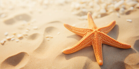 Fototapeta na wymiar Orange starfish on the sand on the beach close up, top and side view, copy space