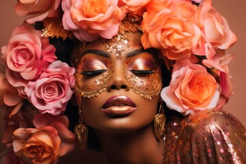  a close up of a woman's face with flowers on her head and a gold mask on her face.
