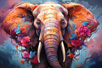Foto op Aluminium  a painting of an elephant with flowers on it's trunk and tusks on it's head. © Nadia