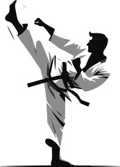 black and white illustration of a karate man with high kick. Taekwondo sportsman in martial arts