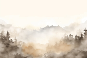  Watercolor Misty Landscape Background with Subtle Mountains, Creating a Quiet and Serene Atmosphere in Nature's Embrace. Muted Earth colors.

