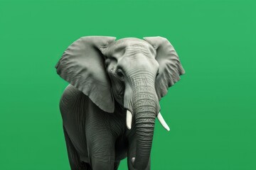  an elephant with tusks standing in front of a green background with a black and white photo of it's tusks.