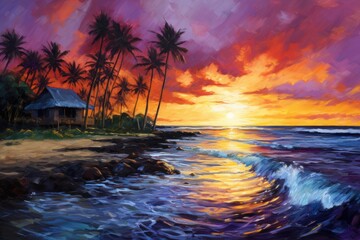 Fototapeta na wymiar a painting of a sunset over the ocean with palm trees and a hut on the shore of a tropical island.