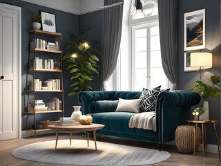Blue sofa and wooden table against the window with books shelfs aside. A modern house interior design.