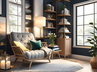 Sofa against the window and shelf with books. A modern house interior design.
