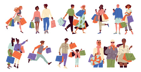 Fototapeta na wymiar Set of people with shopping bags. Happy men and women shopaholics making purchases in mall. Seasonal sale, discounts or black friday. Cartoon flat vector illustrations isolated on white background.