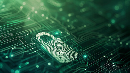 Padlock fingerprint on a green microchip. Cybersecurity concept, user privacy security and encryption. Future technology, data protection, secure internet access. - obrazy, fototapety, plakaty