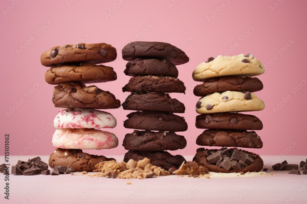 Poster a stack of cookies and cookies with chocolate chips on the bottom and a pink background with a pink 