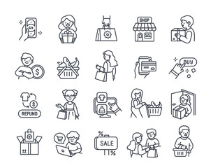 Shopping related line icons set. People make purchases, cart with goods, online order. Discount, sale or special offer. Design for app. Outline simple vector collection isolated on white background