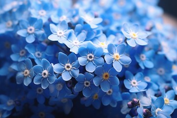  a bunch of blue flowers sitting on top of a wooden table next to a vase with flowers inside of it.