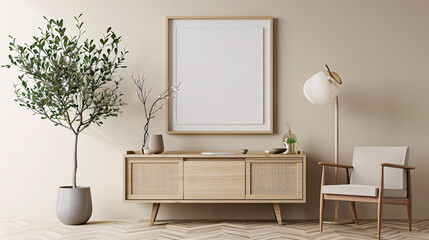 Chest of drawers on the wall with a picture, a plant and a lamp in a modern living room.