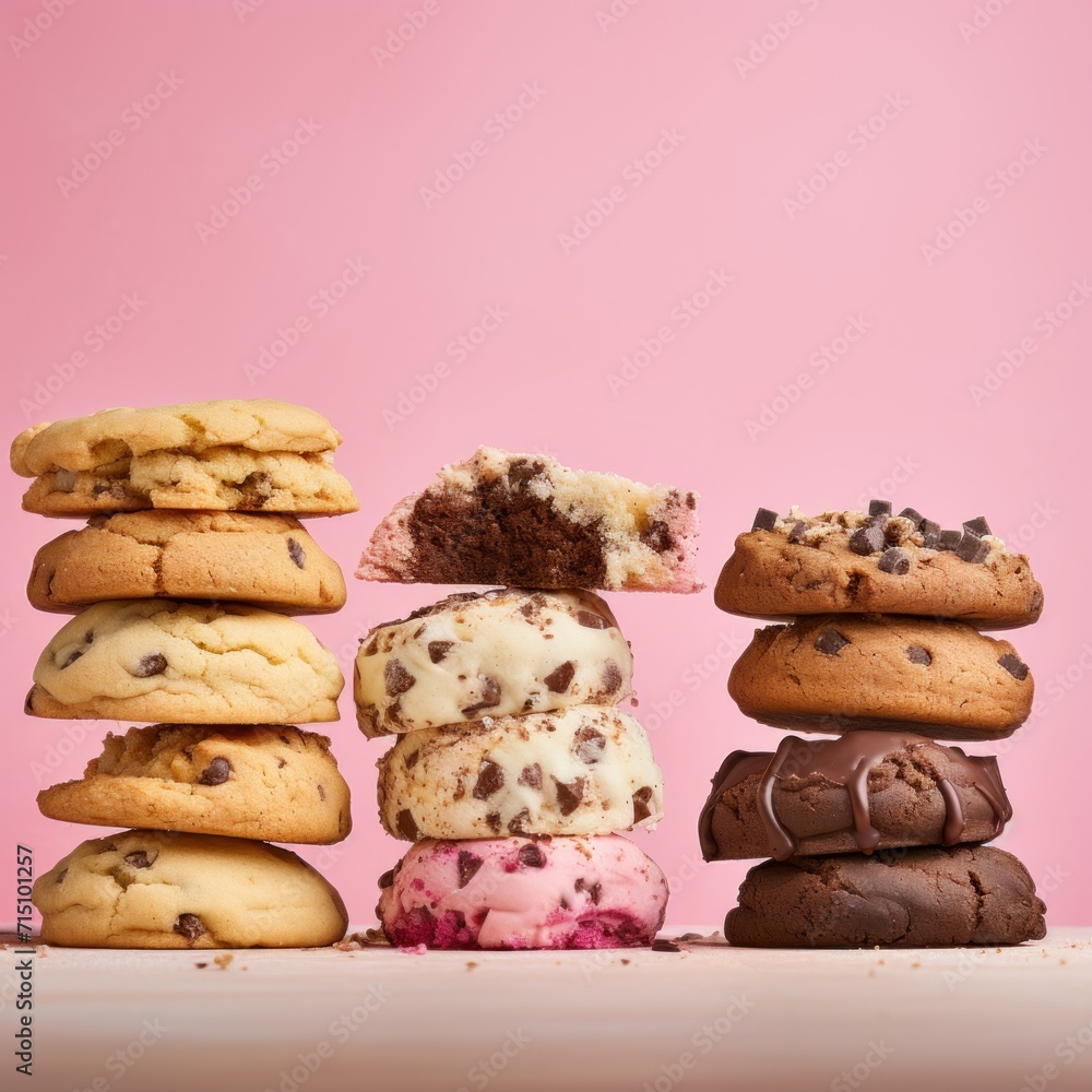 Poster a stack of cookies and ice cream on top of a white table with a pink wall in the background and a pi
