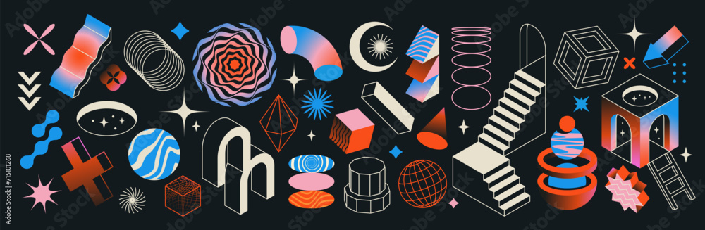 Aufkleber set of surreal elements. psychedelic geometric shapes, abstract columns, stairs and lines. design fo
