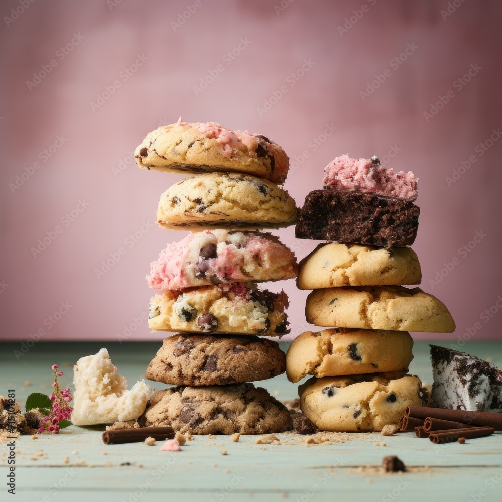 Poster a stack of cookies sitting on top of a table next to a pile of cookies and marshmallows.