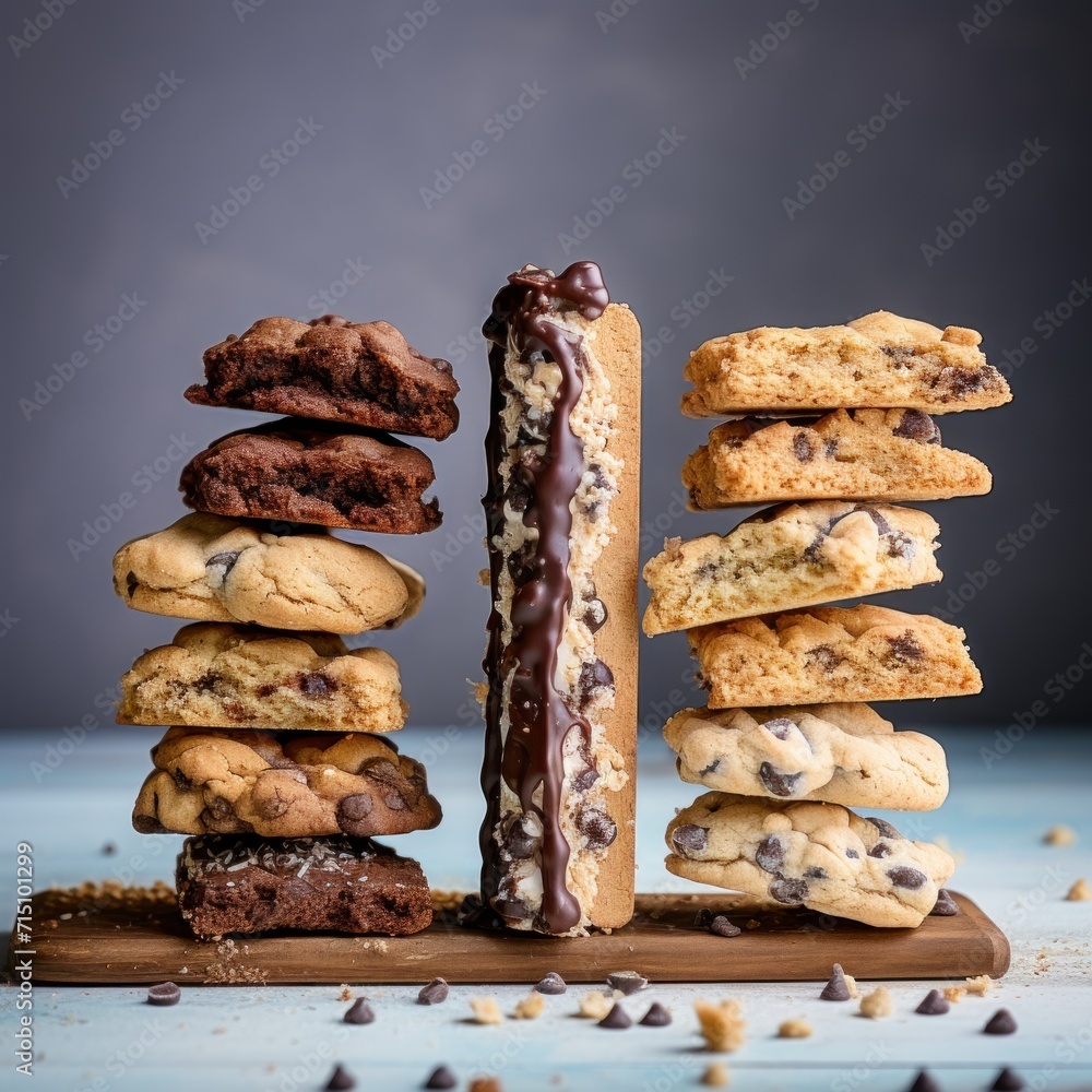 Poster a stack of cookies and chocolate chip cookies on a cutting board with a chocolate drizzle on top of 