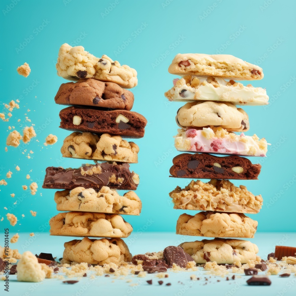 Poster a stack of cookies and cookies on top of each other with a bite taken out of one of the cookies.
