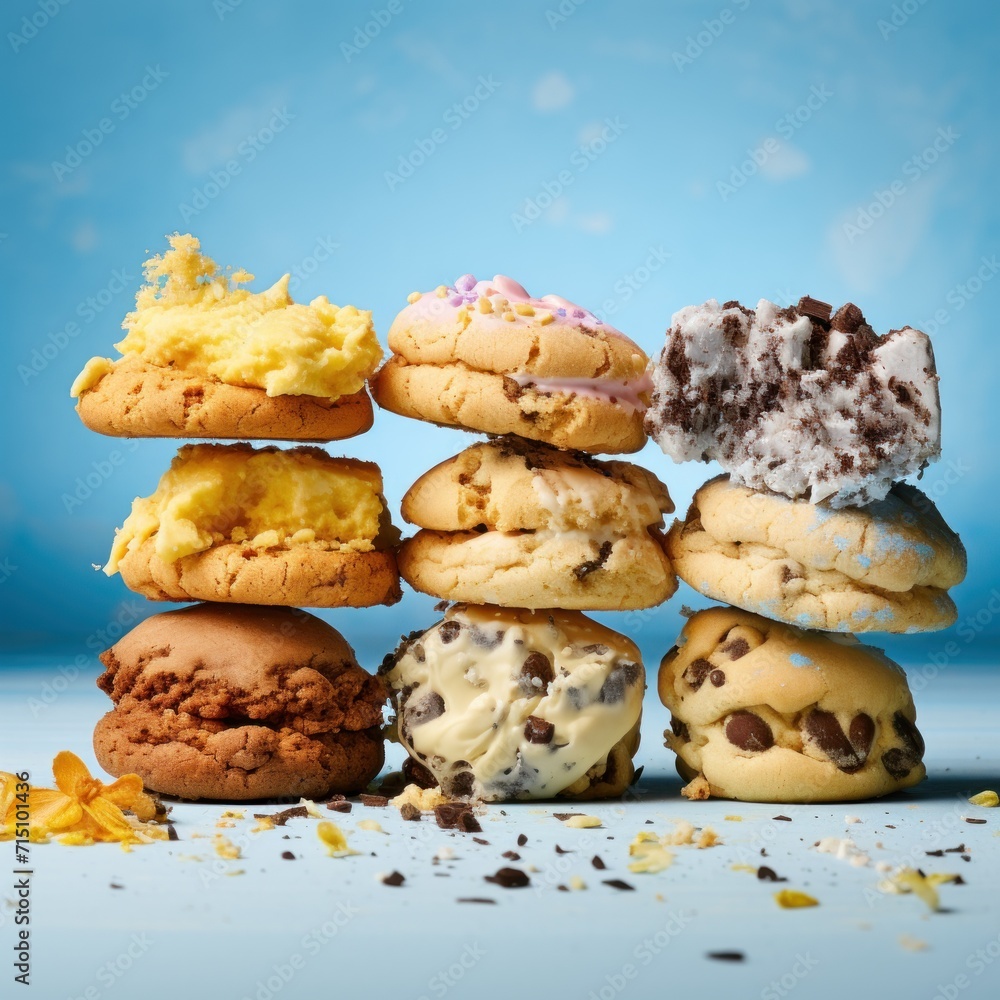 Poster a pile of different types of doughnuts sitting on top of each other on top of a blue surface.