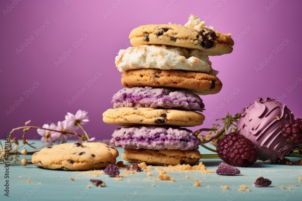 Poster a stack of cookies sitting on top of a table next to a pile of raspberries and chocolate chip cookie