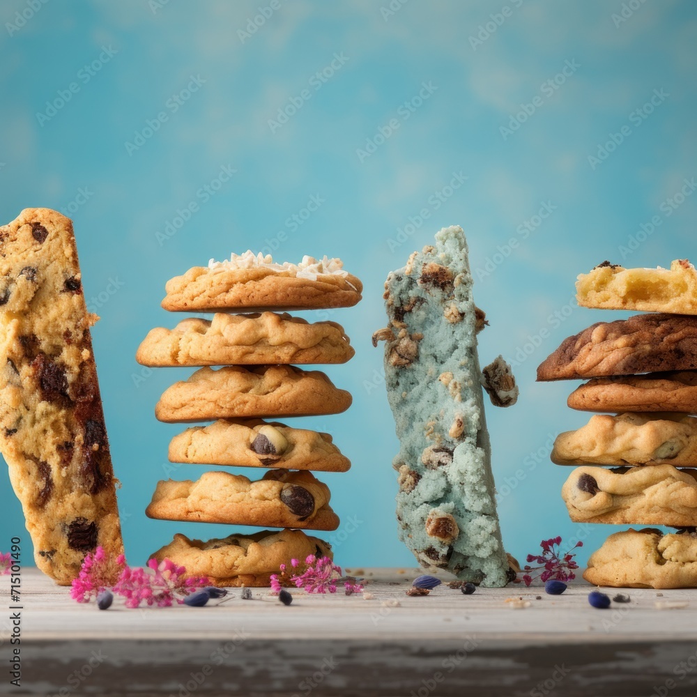 Poster a stack of cookies and chocolate chip cookies next to a stack of cookies and a piece of ice cream on
