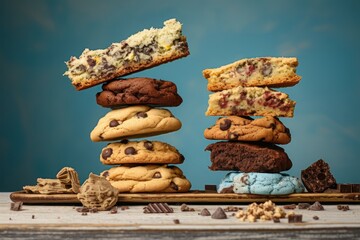  a stack of cookies, chocolate chip cookies, and cookies with a bite taken out of one of the cookies.