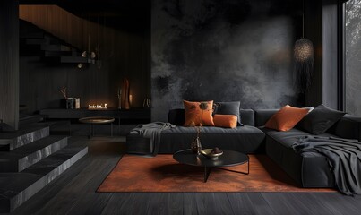 living room with grey wall and brown leather sofa. modern living room with sofa