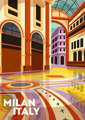 Obraz premium Travel Destination Poster. Beautiful cityscape with architectural landmarks and historical buildings of Milan. Vacation or holiday in Italian city. Journey to Europe. Cartoon flat vector illustration