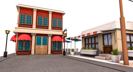 Naklejka premium 3D rendering of stylized cartoon little town environment with a tiny house, a cafe and a restaurant on white background
