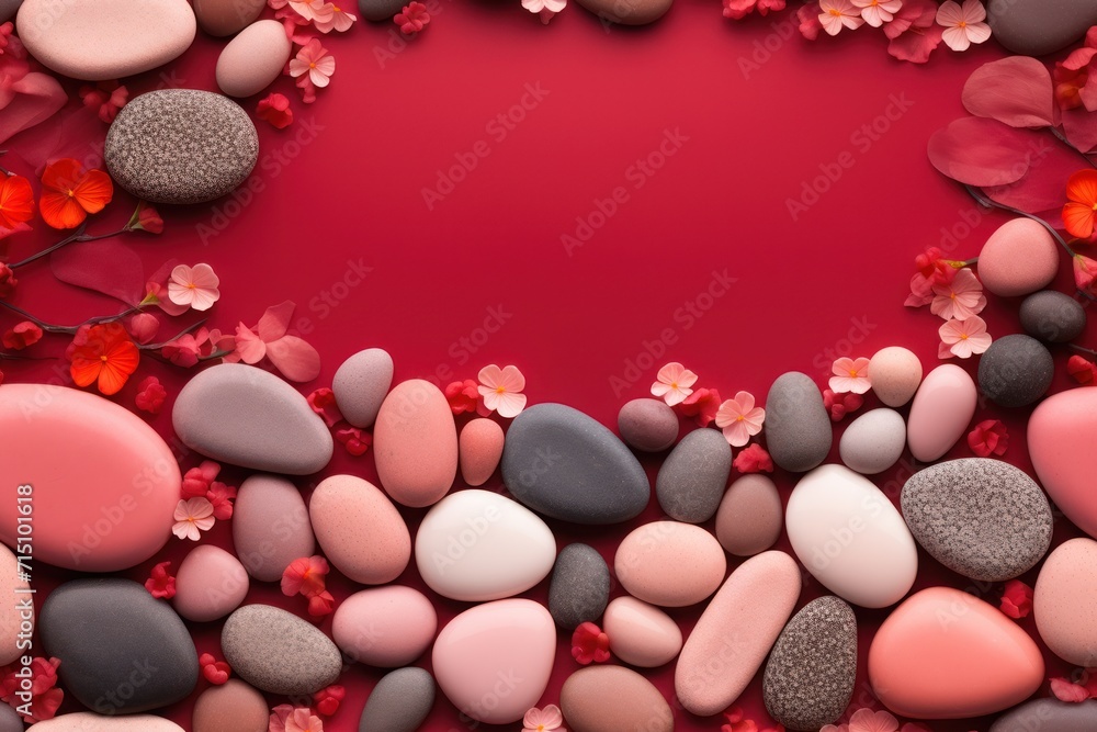 Poster a bunch of rocks and flowers on a red background with a place for a name in the middle of the pictur