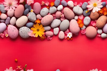 Fototapeta na wymiar a bunch of rocks and flowers on a red background with a place for the text on the top of the picture.