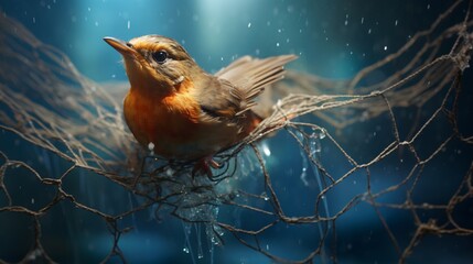 little bird entangled in a net, ecology, pollution, save nature - obrazy, fototapety, plakaty
