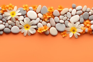 Fototapeta na wymiar a bunch of white and orange rocks and flowers on an orange background with a border of white and orange rocks and flowers on an orange background.