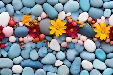  a close up of a bunch of rocks with flowers growing out of one of them and a bunch of rocks with flowers growing out of them.