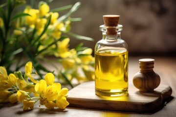  a bottle of oil sitting on top of a wooden cutting board next to a vase with yellow flowers in it.