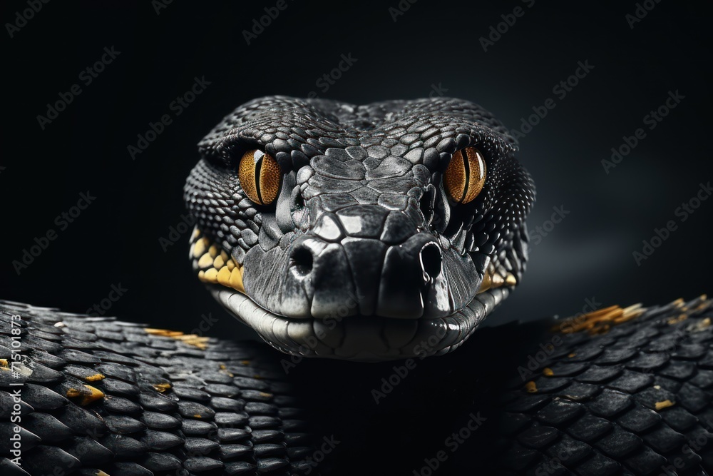 Poster a close up of a snake's head on a black background with a bit of light coming from its eyes.