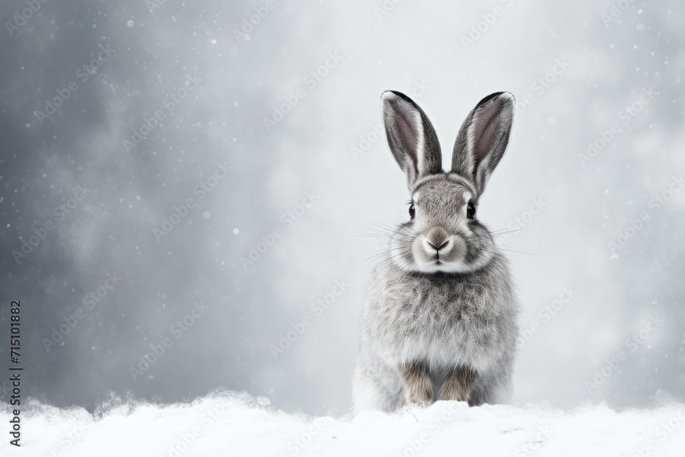 Poster a rabbit is sitting in the snow and looking at the camera with a surprised look on its face and ears