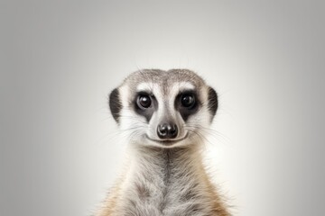  a close - up of a meerkat's face with a white back ground and a gray background.