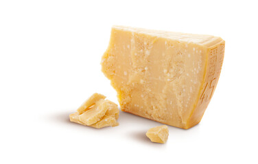 Aged parmesan cheese or parmigiano reggiano isolated on a transparent background - obrazy, fototapety, plakaty
