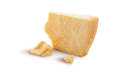 Aged parmesan cheese or parmigiano reggiano isolated on a transparent background