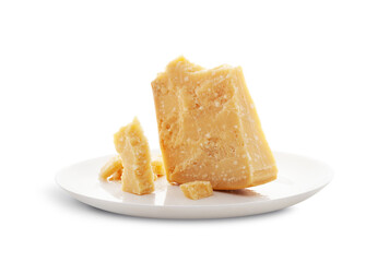 Aged parmesan cheese or parmigiano reggiano on a white plate