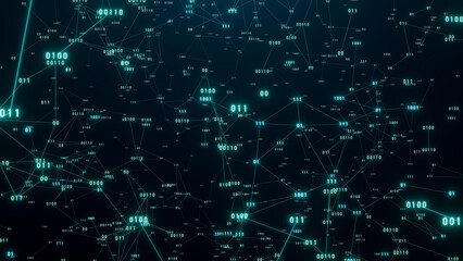 Polygon network with animated binary numbers. Digital sytem, abstract and futuristic netowrk. Plexus animation, technology, science.