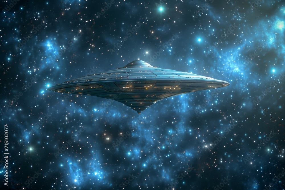 Poster flying saucer in space. background with selective focus and copy space