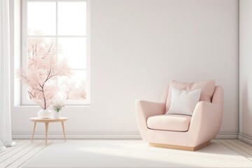 a white room with a pink chair and a small table with a vase on it and a pink tree in the window.