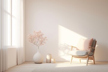  a white room with a chair and a vase with a pink flower in it and a white rug on the floor.
