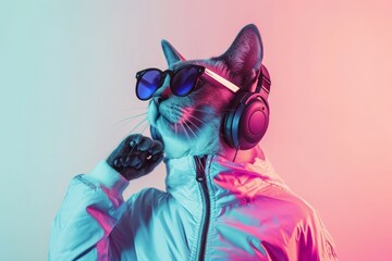 Cool cat wearing headphones. Background with selective focus and copy space - Powered by Adobe