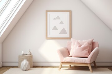  a pink chair in a white room with a picture on the wall and a wicker basket on the floor.