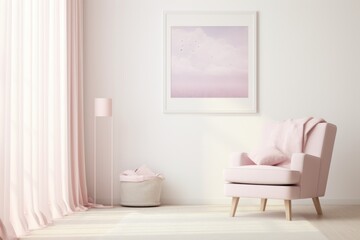Fototapeta na wymiar a pink chair in a white room with a pink blanket on the back of the chair and a pink blanket on the back of the chair.
