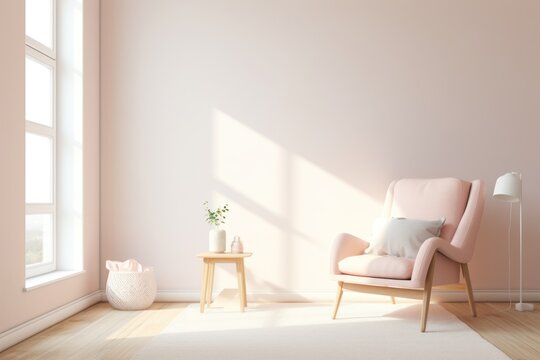  a living room with a pink chair and a white rug in front of a window with a potted plant.