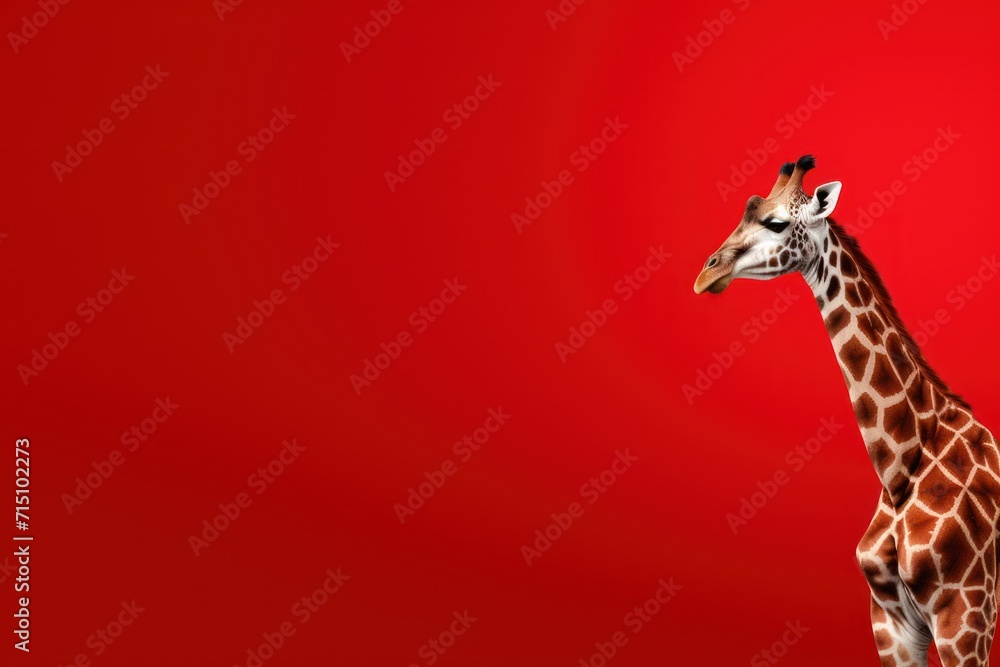 Poster a giraffe standing in front of a red background with its head tilted to the side of the giraffe.